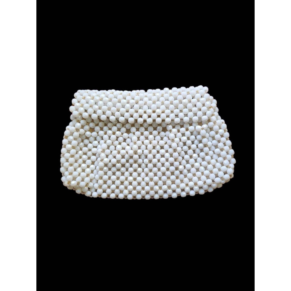 Vintage Retro White Beaded Lined‎ Clutch Wedding Purse Bag - Hong Kong 6" by 9"